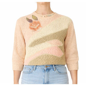 Vintage Selection Floral Applique Knit Sweater Pink Textured Knit Cottagecore L